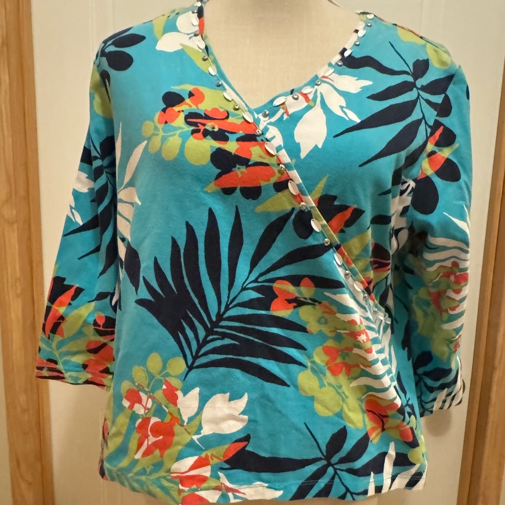 Ruby Rd Sz PXL Tropical Print 3/4” Sleeve Top VGUC 😊😊